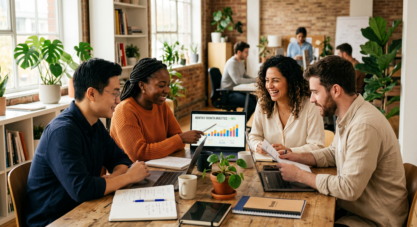 Marketing team reviewing growth analytics together