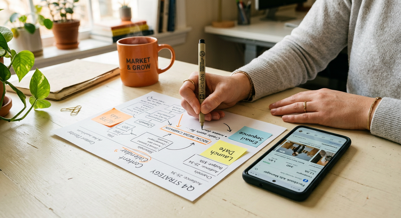 Marketer sketching a digital marketing plan with sticky notes